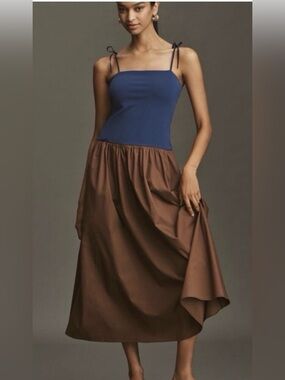ANTHROPOLOGIE Twofer Midi Dress Blue & Brown XXS